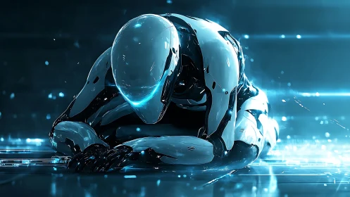 Kneeling chrome android glows within cold neon datascape