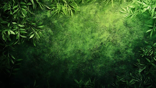 Hidden garden frame of lush leaves and soft mossy green.