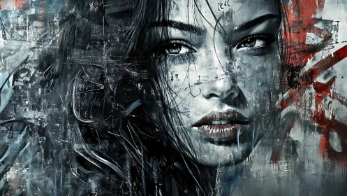 Monochrome female portrait with abstract textured overlay.