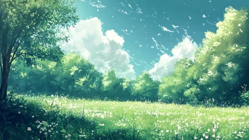 Summer meadow exhales light beneath drifting painterly clouds