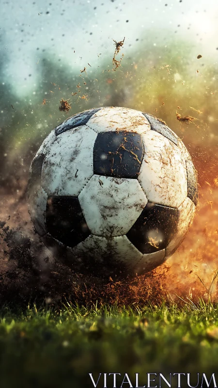Soccer ball impacts wet grass and throws dirt into the air