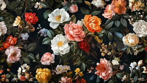 Ornate Floral Tapestry with Layered Blooms Against Dark Background