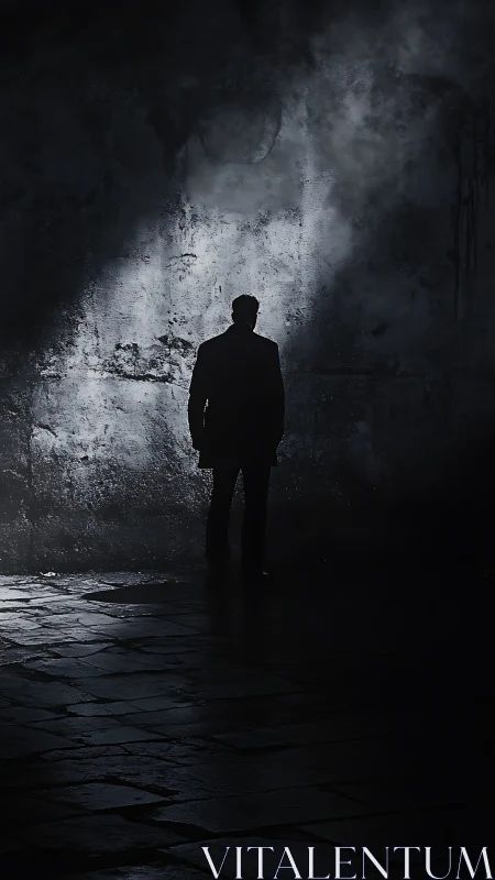 Lone silhouette lingers in a shaft of haunted alley light.