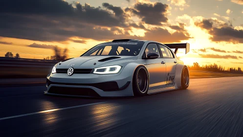 Sunset turbo rocket car slices the racetrack horizon clean