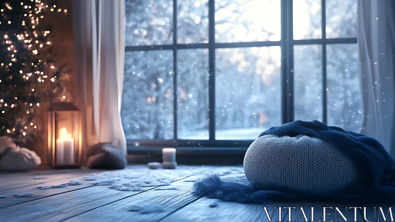 Cozy winter interior with knit cushion and candlelit bokeh glow