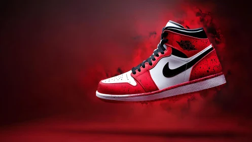 Bold red high-top sneaker floats in a dramatic glowing scene
