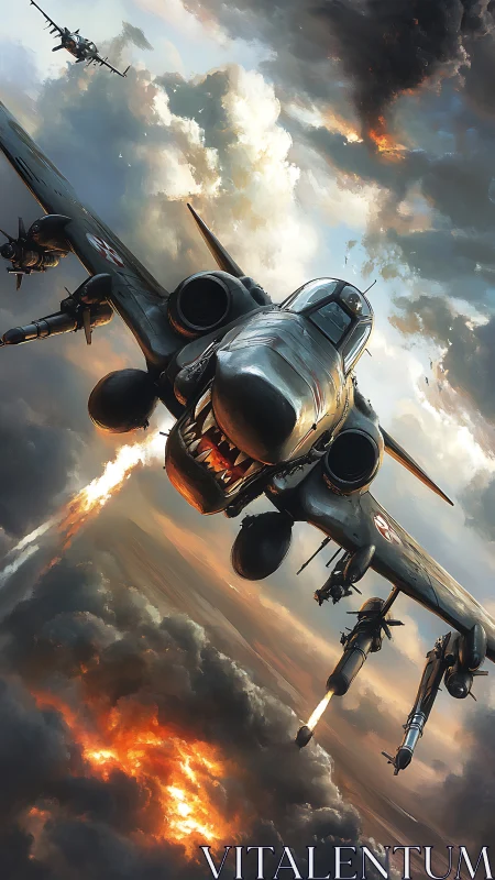 Attack jet diving through burning clouds in combat scene.