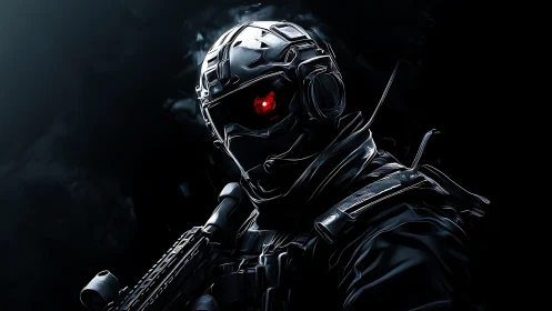 Cybernetic commando with glowing red eye stands vigilant.