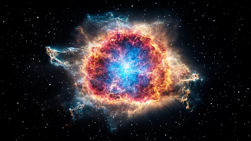 Exploding cosmic nebula glows with electric blue and fiery gold