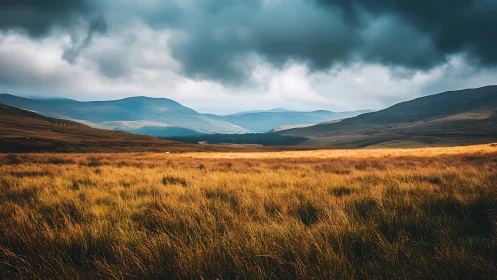 Storm-lit moorland valley under heavy cumulonimbus cloud deck
