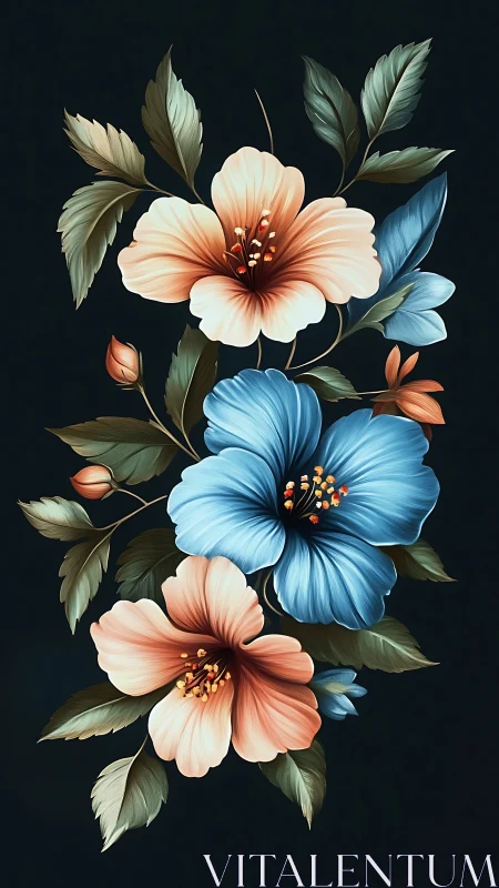 Trilateral Floral Composition: Peach Hibiscus, Blue Morpho, Botanical Study.