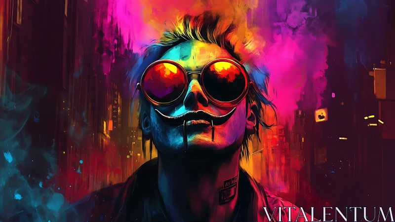 Neon street jester crowned in blazing cyberpunk colorstorm.