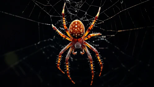 Macro capture of orange orb-weaver spider on silk web at night