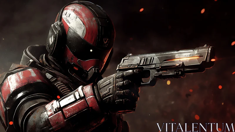 Armored sci fi soldier aims pistol through ember storm.