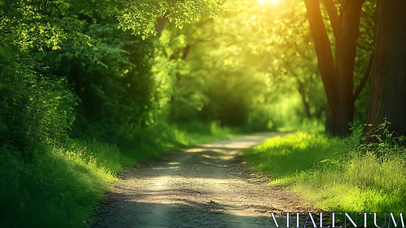 Sunlit forest pathway with lush greenery in serene morning light.