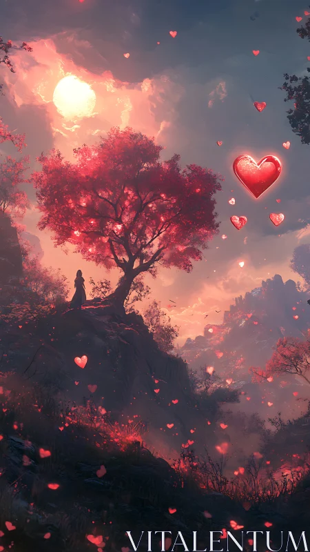 Twilight Landscape with Silhouetted Figure and Floating Heart Shapes