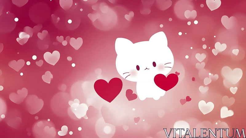 Adorable White Cat Surrounded by Love and Hearts.