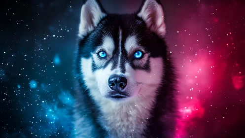 Cosmic husky gazes forward amid glowing nebula colors.