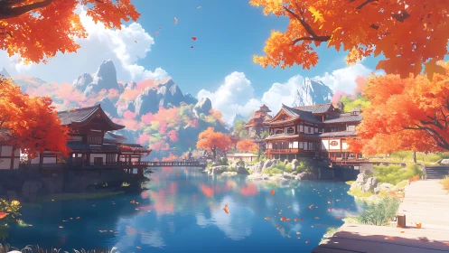 Lakeside Japanese temples framed by vivid autumn foliage.