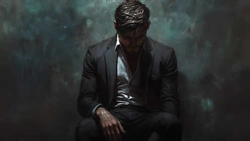 Solitary man in dark suit seated against moody backdrop.