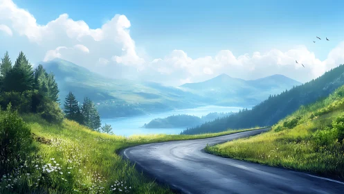 Sunlit winding road curling toward whisper-blue mountains.