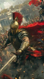 Armored hoplite advancing through dense battlefield lines.