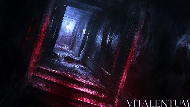 Tilted crimson corridor with blue backlight digital painting.