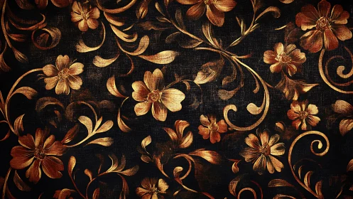 Gilded Floral Damask on Deep Black: Rich Ornamental Textile Design Study