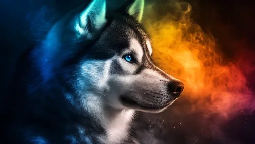 Husky portrait amid blue and fiery bicolor nebula haze.