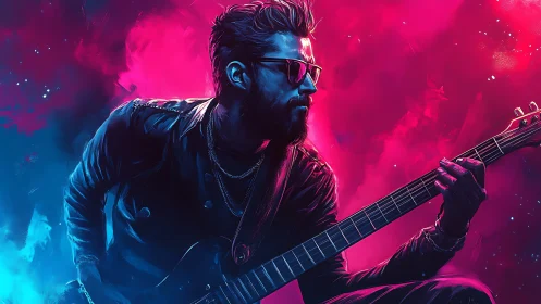 Electric guitarist in leather jacket with neon backdrop.