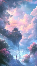 Mountain path leading to elevated temple amid dense clouds.