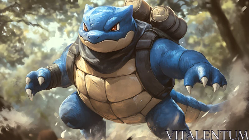 Blastoise charging through forest in dynamic digital style.