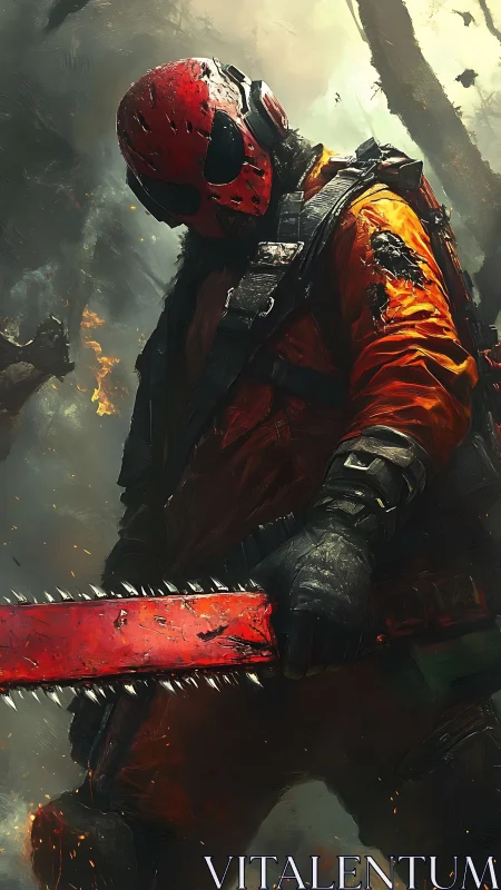 Masked warrior in red armor wielding bloodied chainsaw.