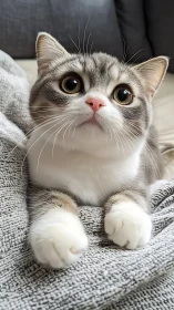 Gray and White Cat with Golden Eyes on Gray Blanket