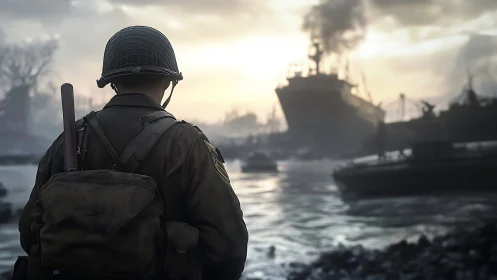 Soldier observes military harbor under low-contrast light