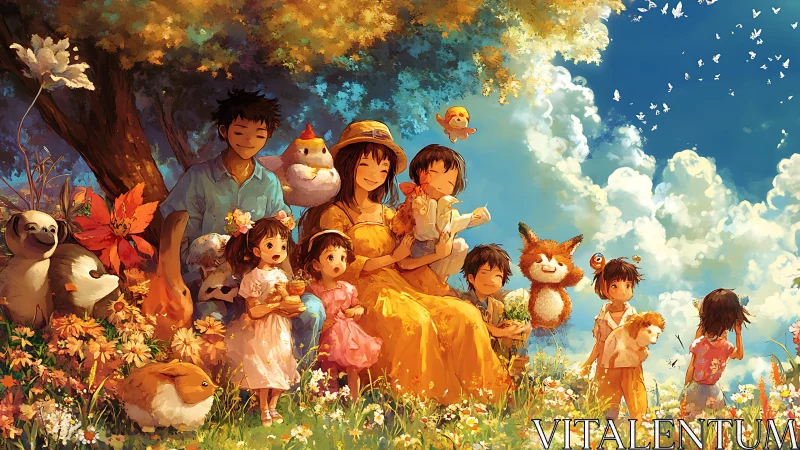 Sunny family picnic gathers children and gentle forest friends