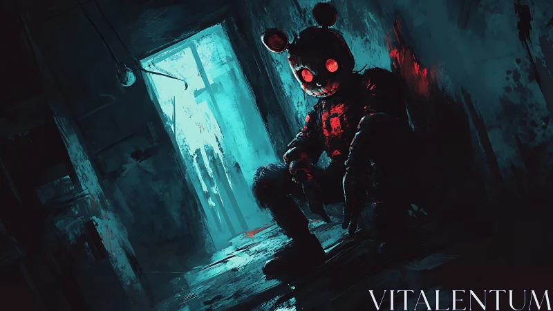Mechanical bear figure sits in dim corridor with backlight