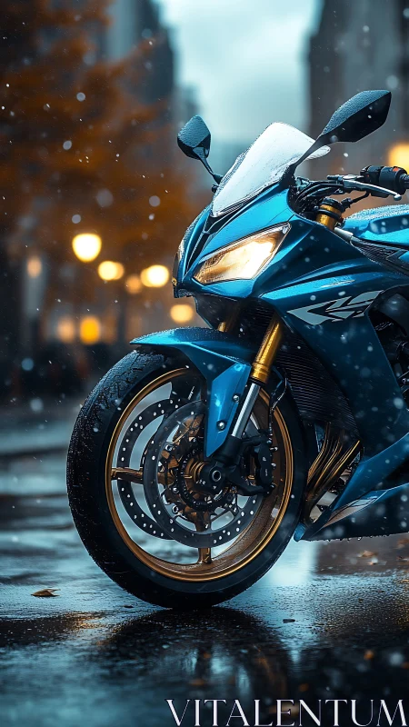 Sport motorcycle in wet urban street, shallow depth focus.