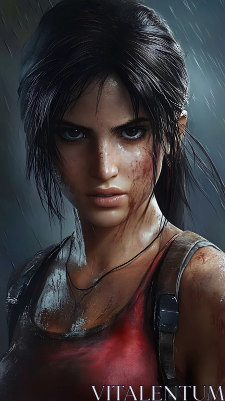 Rain-soaked combatant portrait with hyperreal skin rendering.