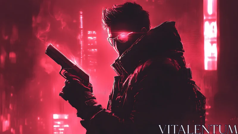 Cyberpunk gunman in neon red cityscape at night.