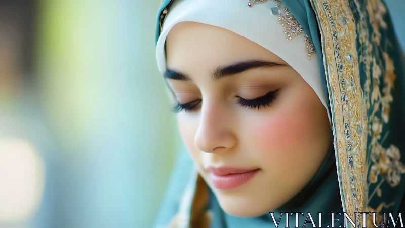 Serene Woman in Ornate Hijab, Soft Portrait Photography Style.