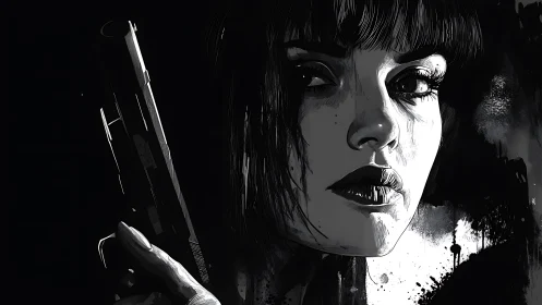 Woman with handgun in high contrast monochrome portrait