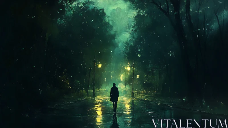Backlit solitary figure in rain-soaked nocturnal park corridor