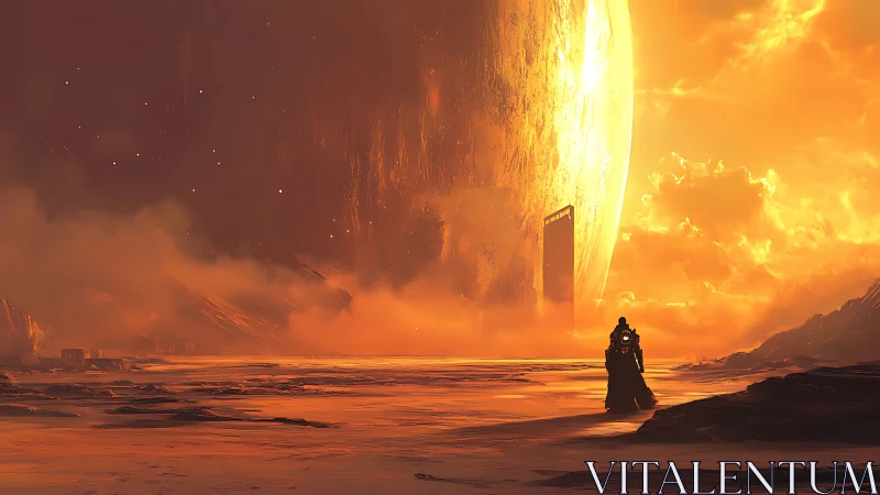 Solitary wanderer before colossal burning planet gate.