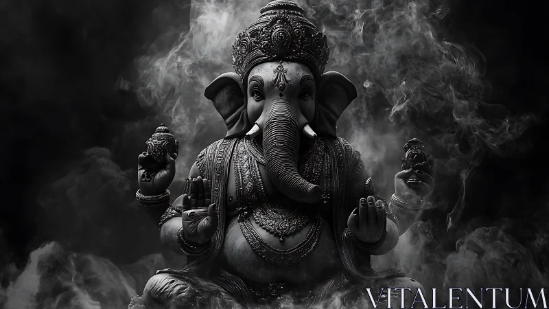 Ganesha statue sits centered in dense swirling smoke field