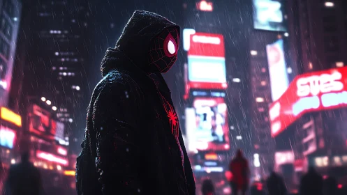 Hooded masked hero stands in neon city rain at night