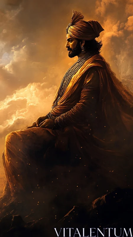 Regal warrior in luminous clouds, cinematic side profile study.