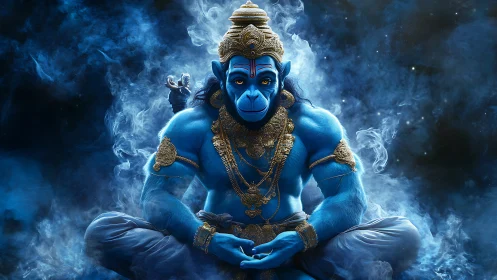 Blue simian deity in ornate gold jewelry, seated calmly.