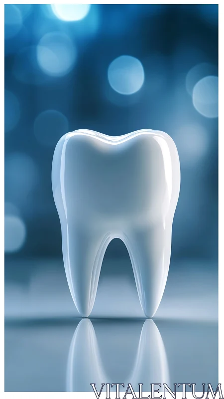 Glossy white tooth model under cool clinical bokeh light.