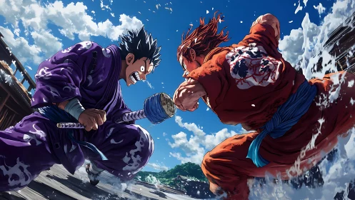 Storm-splashing dojo duel freezes mid-strike on the pier.